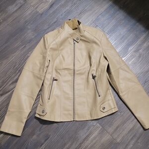 Women's Tan Faux Leather Jacket Size M Full Zip Bikercore Chic